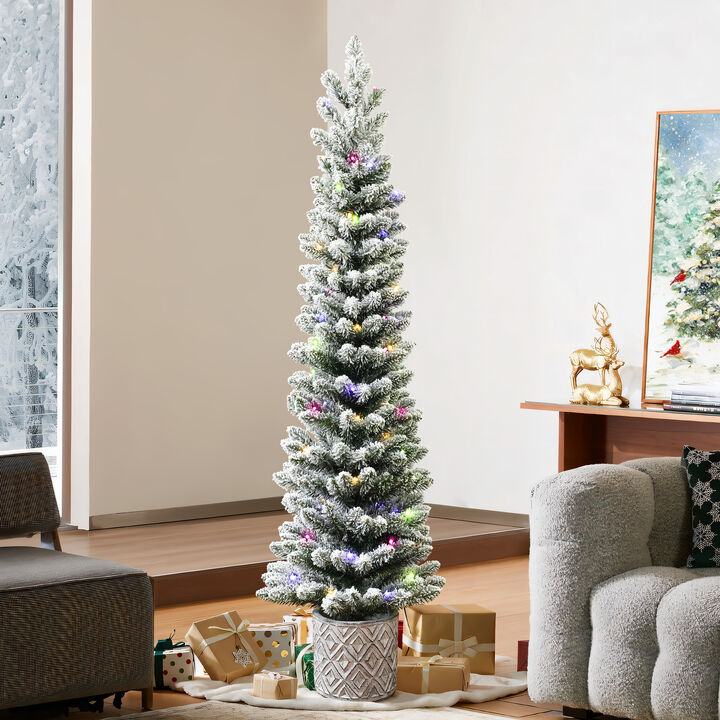 LuxenHome 5Ft Flocked Artificial Tree Potted with Multi-Color Lights