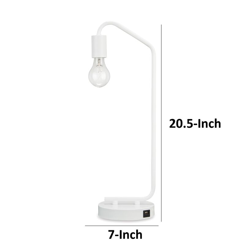 Colin 21 Inch Desk Lamp, White Metal Frame, Round Base, USB Charging Port - Benzara