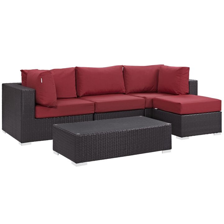 Convene 5 Piece Outdoor Patio Sectional Set - Espresso Red