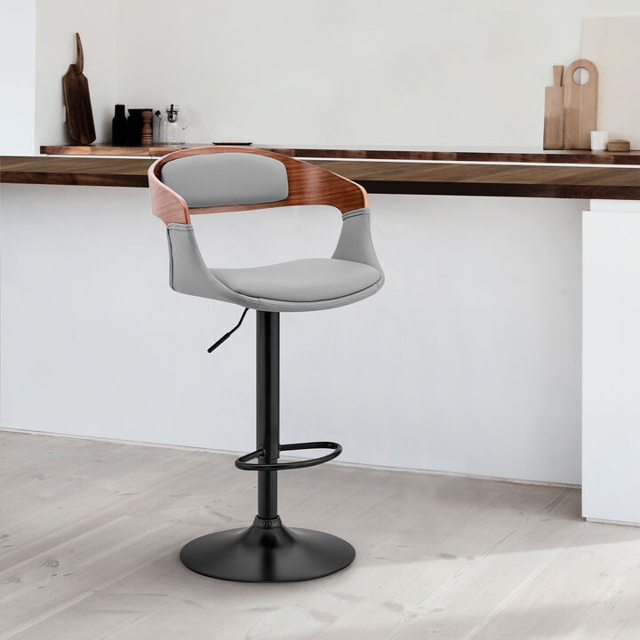 Benson Adjustable Gray Faux Leather and Walnut Wood Stool with Black Base