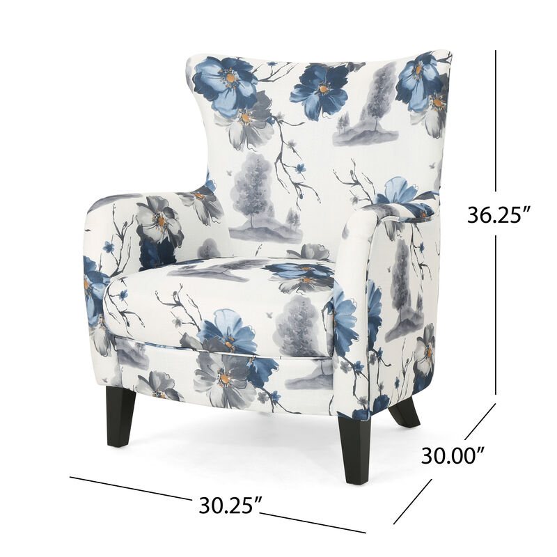 Riyank Wingback Armchair, White Blue Gray Floral Design, Black Wood Legs - Benzara