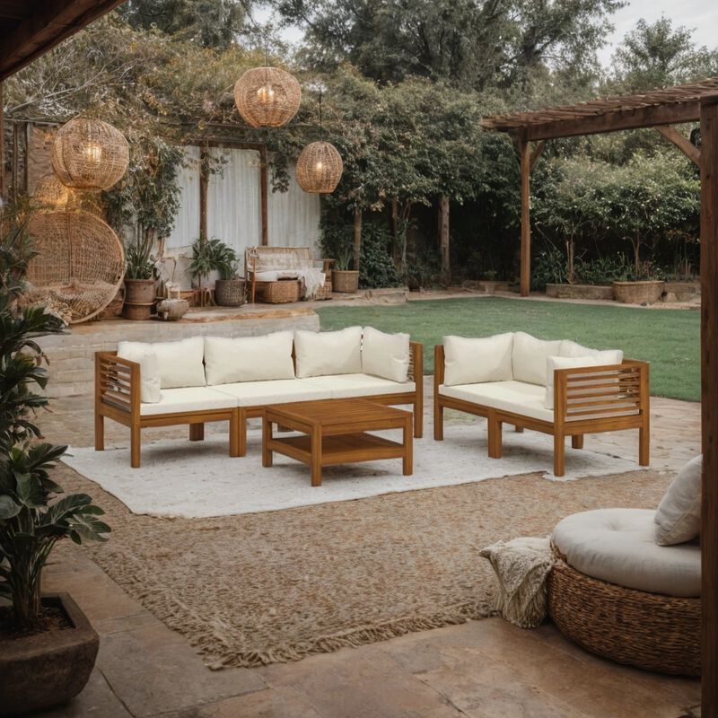 6pc Outdoor Modular Sofa Set, Cream Cushions, Brown Solid Acacia Wood - Benzara