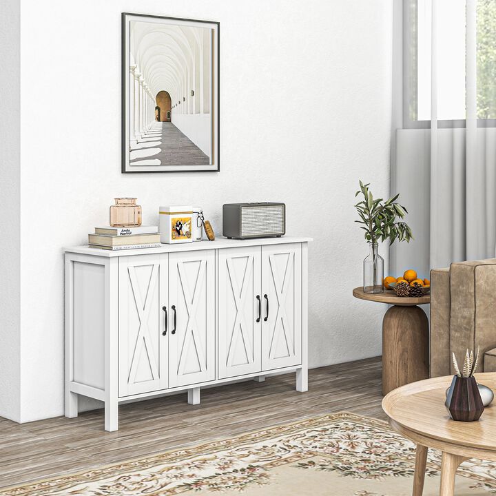White Buffet Cabinet: 4 Barn Doors, Adjustable Shelves