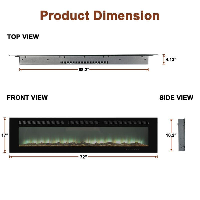 MONDAWE 72" Recessed Wall-Mounted Electric Fireplace 5000 BTU Heater with Remote Control