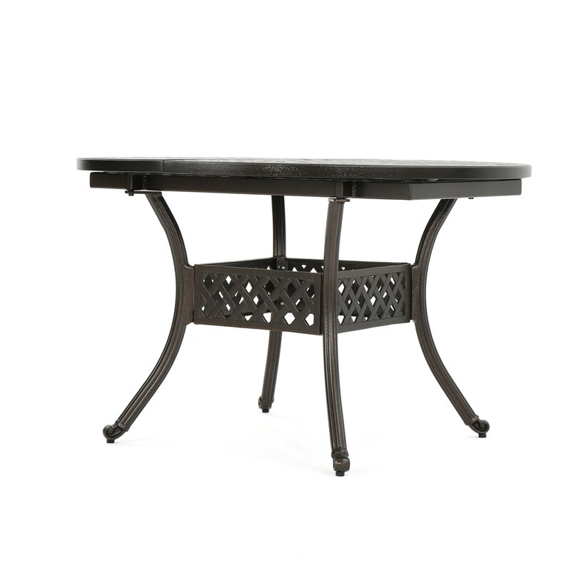Roch Outdoor Dining Table, 46-61 Inch Expandable, Metal Hammered Bronze - Benzara