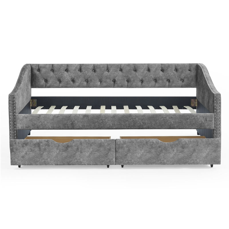 Grey Upholstered Twin Daybed with Drawers & Tufted Sofa