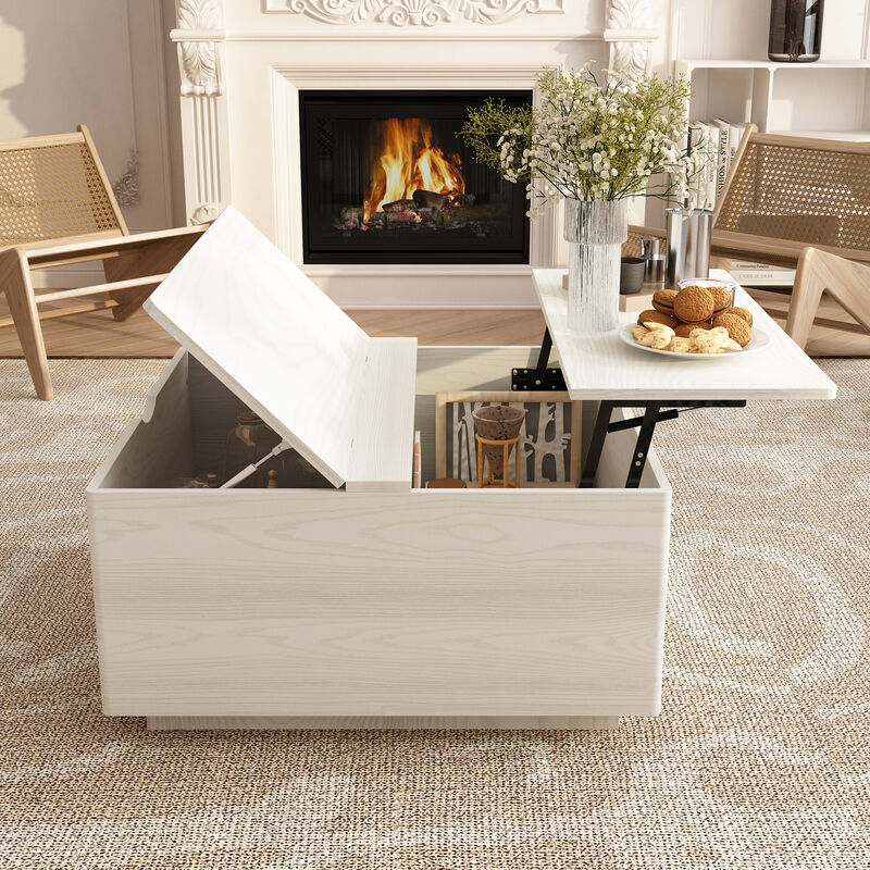 FUFU&GAGA Modern White Wood Grain Round Coffee Table with Lift-up Top and Arc-Shaped Sides (35.4" W x 35.4" D x 18.5" H), White