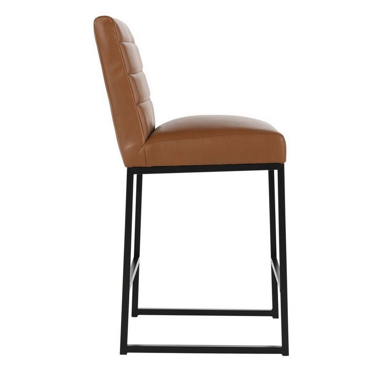 Vinn 26 Inch Modern Counter Stool, Channel Tufted, Brown Vegan Faux Leather - Benzara