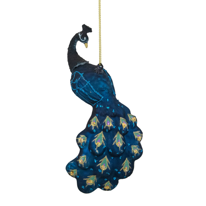 6" Blue Glittered Peacock Glass Christmas Ornament