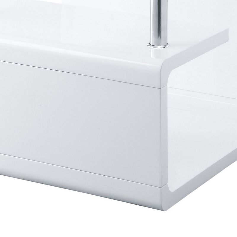 24 Inch Square Accent End Table, Glass Top, Open Shelf, White, Chrome-Benzara