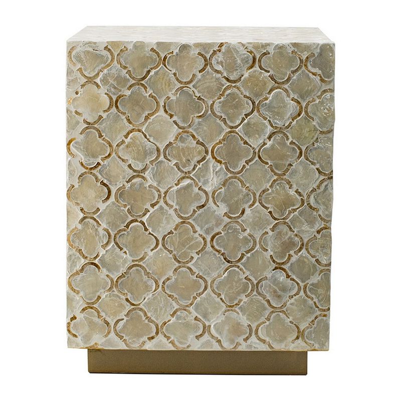 18 Inch Accent Side End Table Stool, Square, Cream Capiz, Gold Base - Benzara