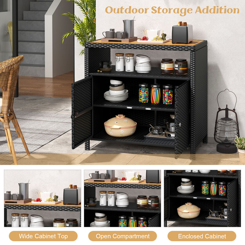 Rattan Storage Cabinet with Acacia Wood Countertop for Poolside Deck and Patio