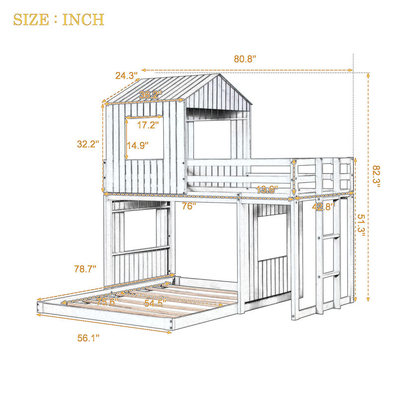 Wooden Twin Over Full Bunk Bed, Loft Bed With Playhouse, Farmhouse, Ladder And Guardrails