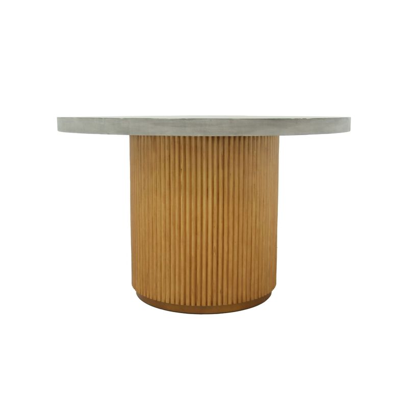 Cid Zeta 47 Inch Dining Table, Round Gray Concrete Top, Ribbed Brown Base - Benzara