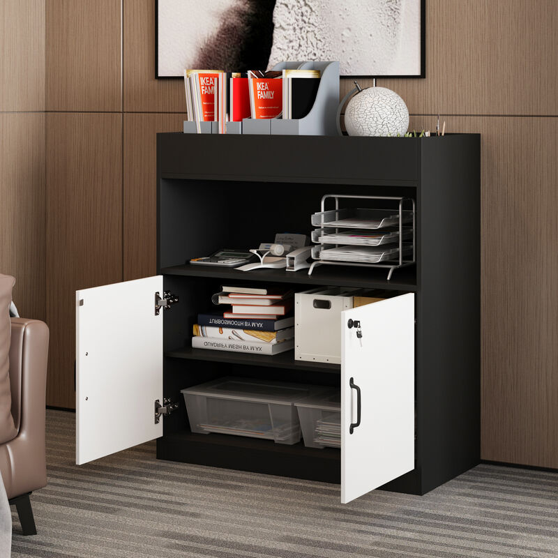 FUFU&GAGA Black & White Bookshelf with 2 Doors, 1 Open Shelf, and 1 Rack, Particle Board Construction with Laminate Finish (31.5" W x 35.4" H x 15.7" D),White