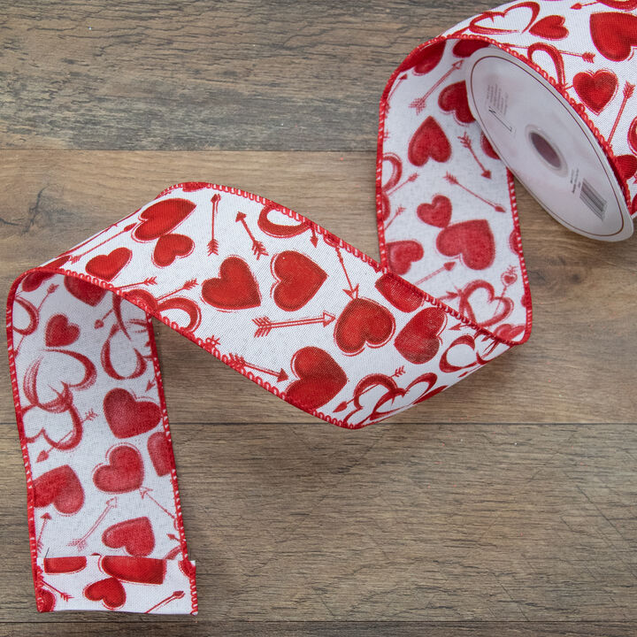 White and Red Hearts Valentine's Day Wired Craft Ribbon 2.5" x 10 Yards