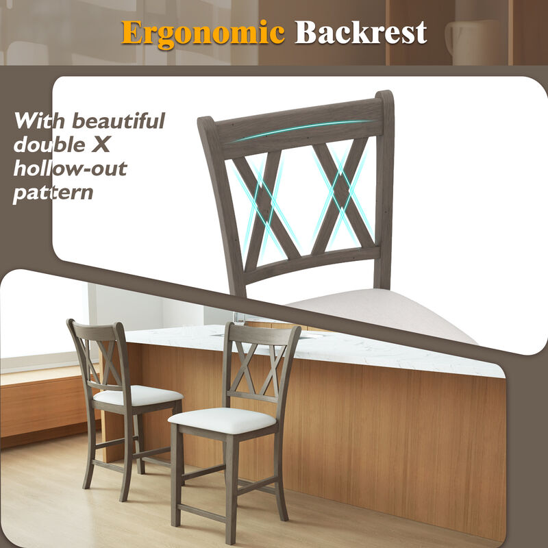 Set of 2 Bar Stools with Cross Back and Linen Fabric Upholstered Seat
