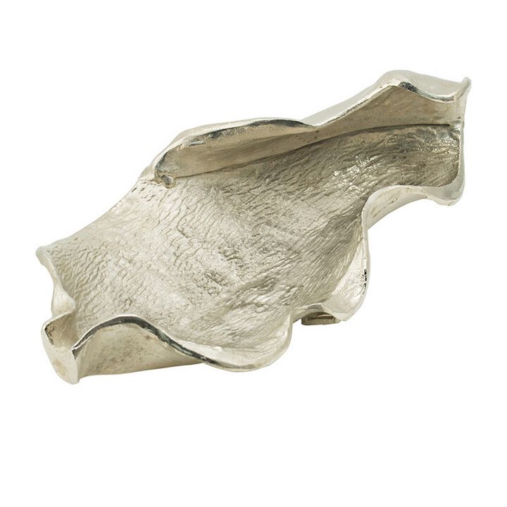 20 Inch Decorative Platter, Aluminum, Leaf Design, Bright Nickel Finish - Benzara