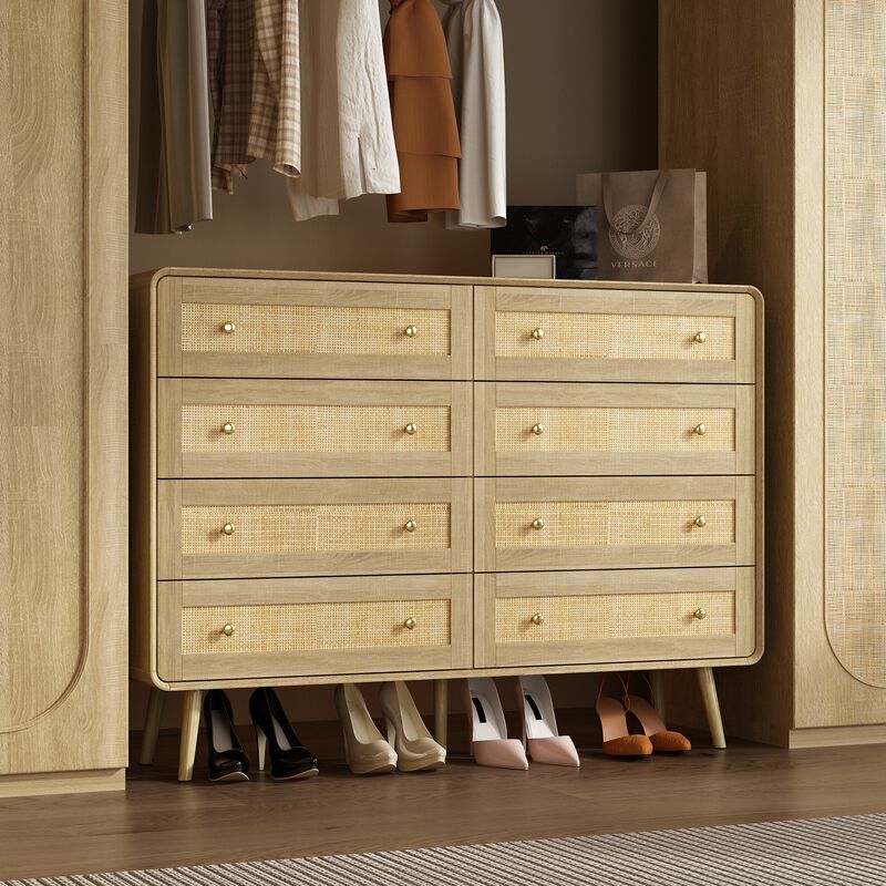 FUFU&GAGA Modern Rattan Dresser with 8 Drawers, PB Board with Gold Accents (55.1" W x 40" H x 13.9" D), Oak