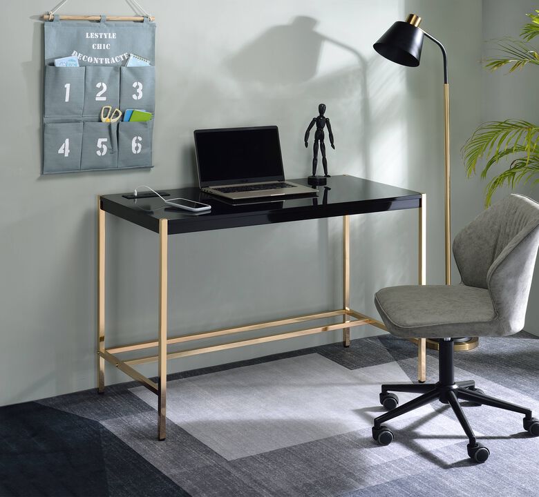 ACME Midriaks Writing Desk w/USB, Black & Gold Finish
