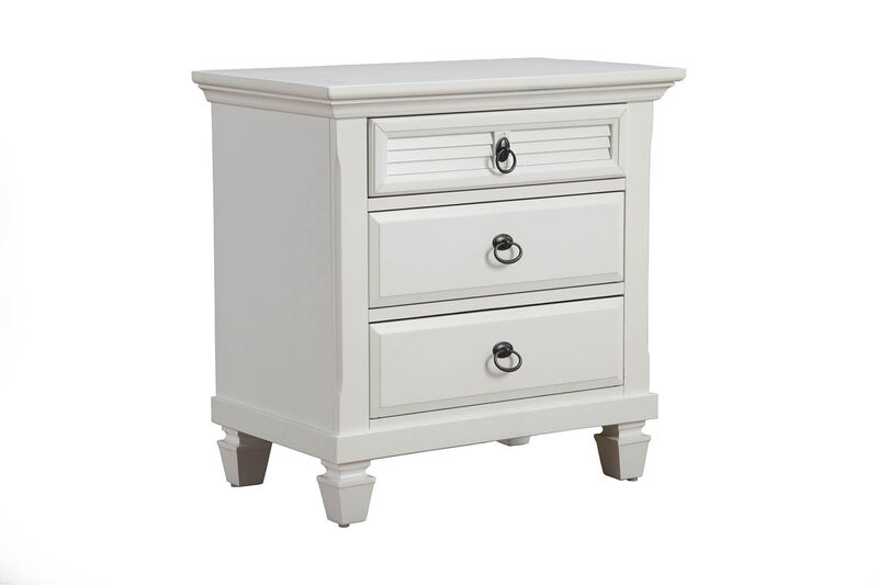 Pine Wood 3 Drawer Nightstand in White-Benzara