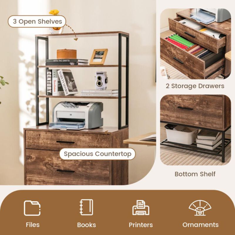 Hivvago Freestanding File Cabinet with Charging Station and 3-Tier Open Shelves