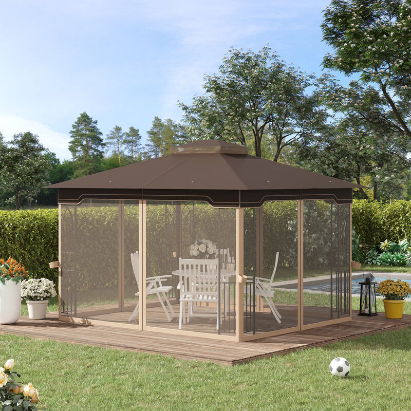 10' x 12' Patio Gazebo Outdoor Canopy Shelter w/ 2 Tier Roof, Brown