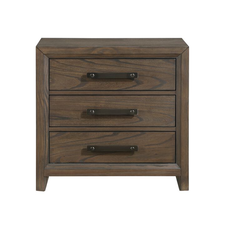 Wyn 27 Inch Nightstand, 3 Drawers, Nickel Handles, Brushed Walnut Brown - Benzara