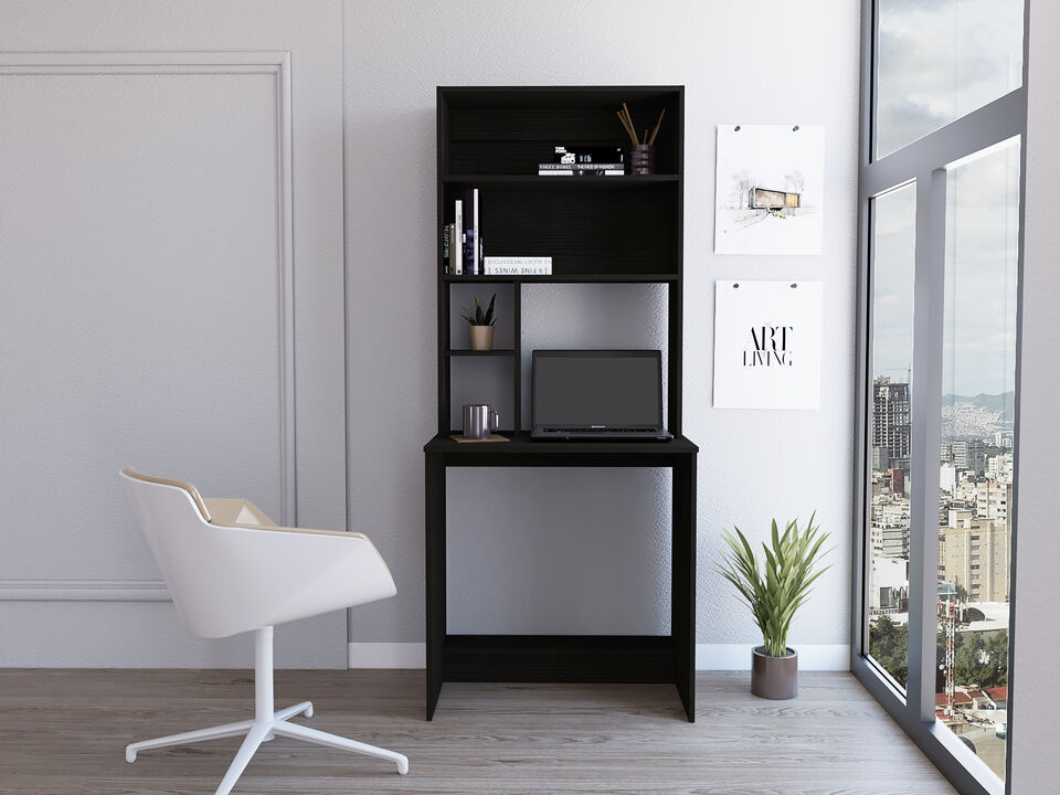 DEPOT E-SHOP Xalo Computer Hutch Desk, Lower Shelf, Four Shelves, Black