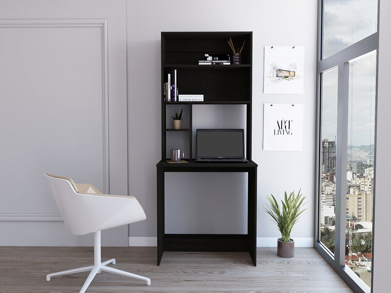 DEPOT E-SHOP Xalo Computer Hutch Desk, Lower Shelf, Four Shelves, Black
