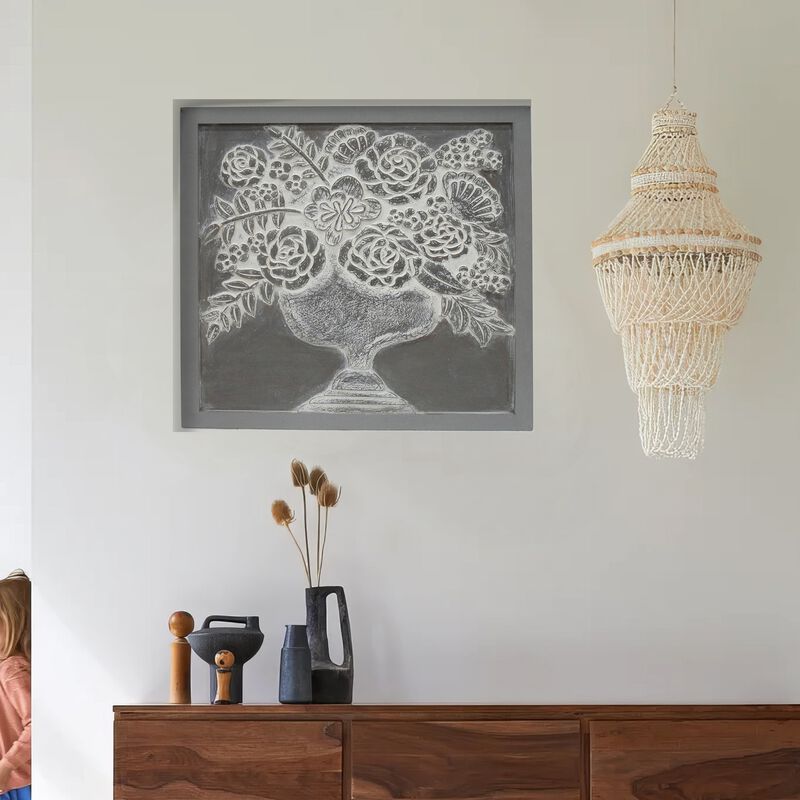 36x36 Inch Wall Art Panel, Carved Flower Vase Design, Gray White Wood - Benzara