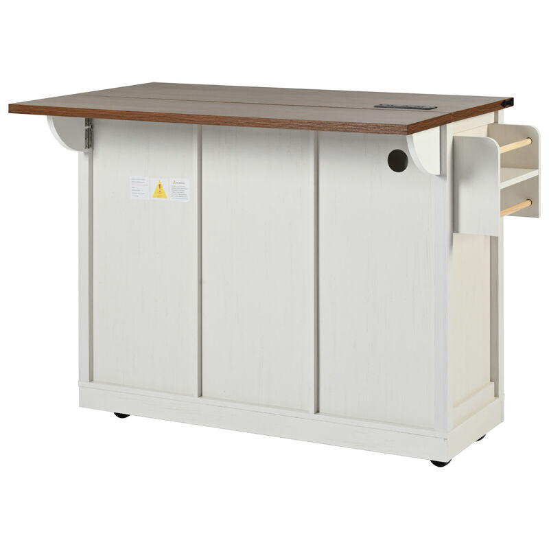 Farmhouse Kitchen Storage Island with Power Outlet, Drop Leaf & Barn Doors