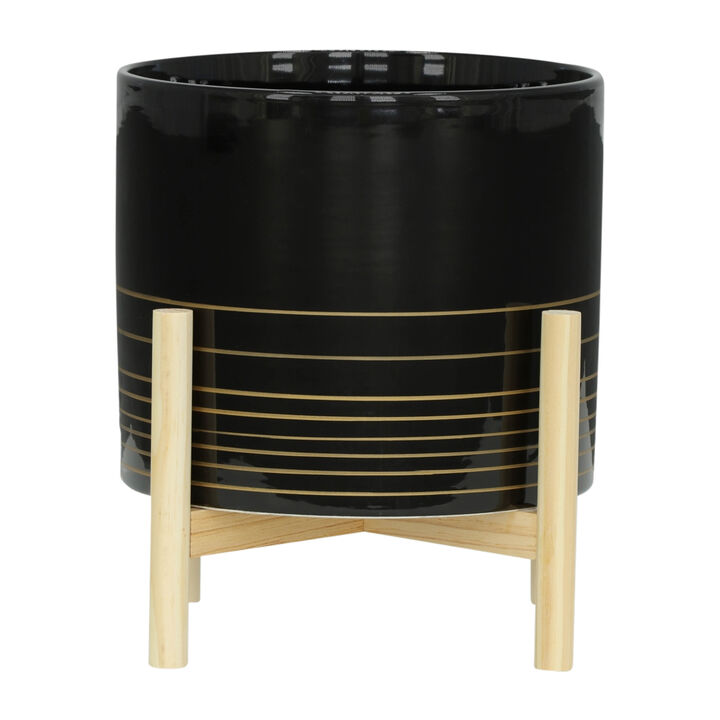 12" Ceramic Metallic Planter with Wood Stand, Black