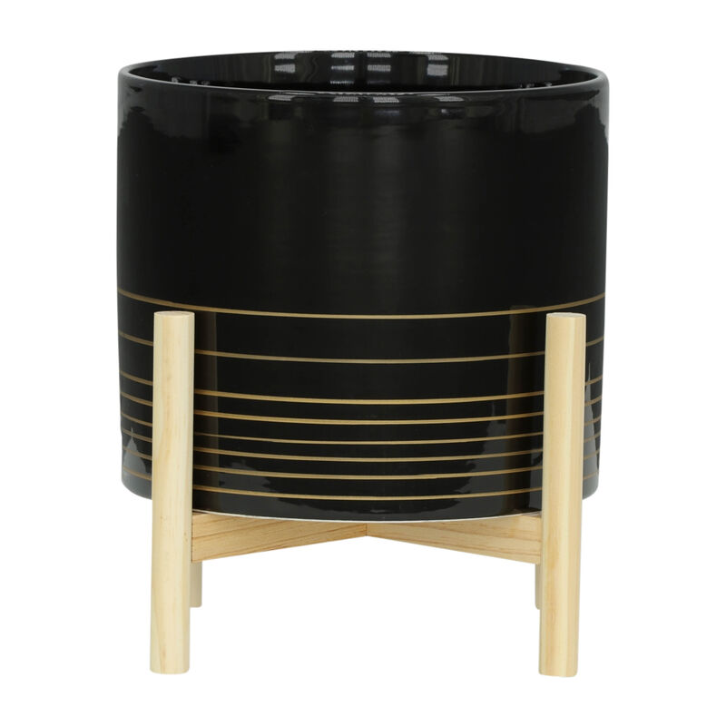12" Ceramic Metallic Planter with Wood Stand, Black