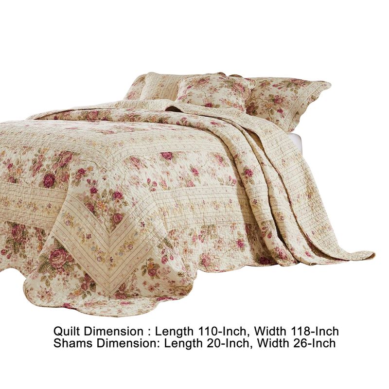 Rosle 3 Piece Queen Bedspread Set, Floral Print, Scalloped, Cream, Pink - Benzara