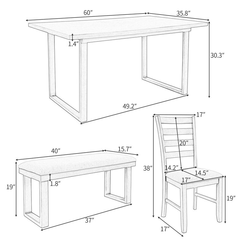 Solid Wood Dining Room Set with Rectangular Table & 4 Chairs with Bench