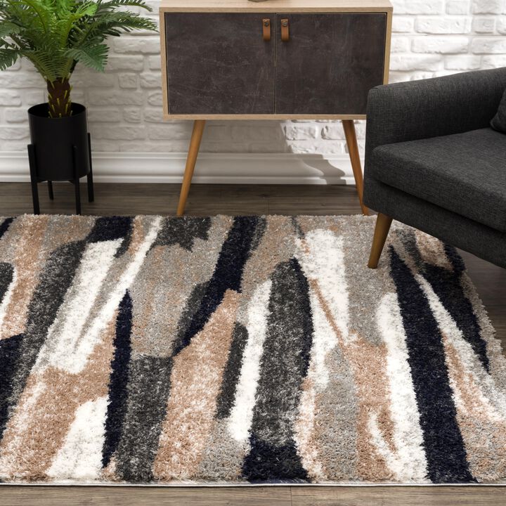 Retro Contemporary Geometric Shag Beige Blue Indoor Area Rug
