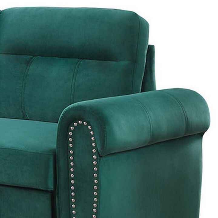 Irma 97 Inch 2 Piece Sectional Sofa, Pull Out Bed, Rolled Arm, Green Velvet-Benzara