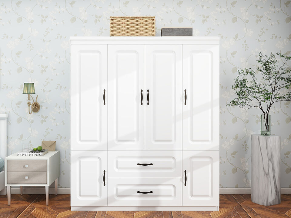 Wooden Armoire Wardrobe Closet White Large Capacity Storage 74" Tall Clothes Cabinet with 4 Doors, 2 Drawers, 2 Hanging Rods and Shelves for Bedroom Armoire
