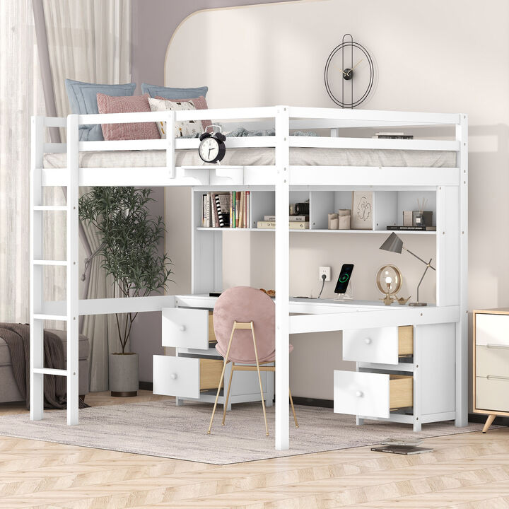 Full Size Loft Bed With Desk, Cabinets, Drawers And Bedside Tray, Charging Station