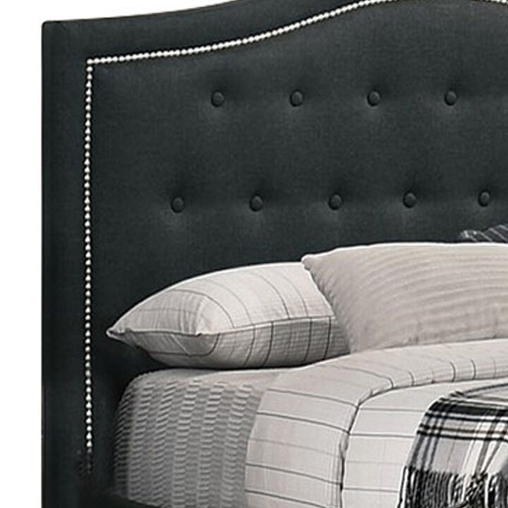 Buk King Upholstered Bed with Tufted Headboard, Charcoal Burlap Upholstery  - Benzara