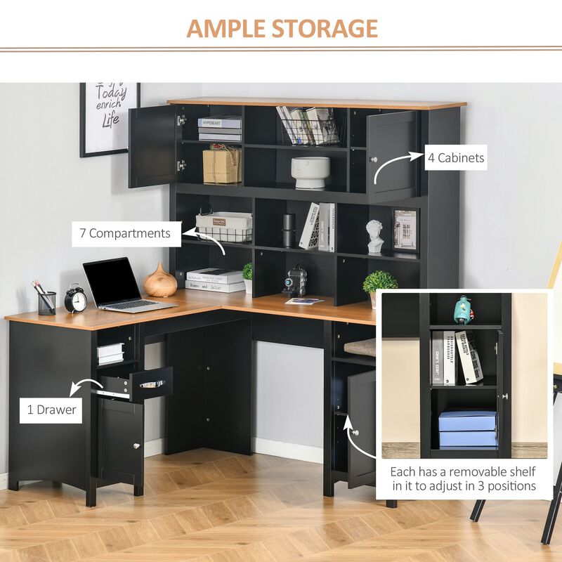 Black L-Shaped Desk: Corner Computer Table with Ample Storage