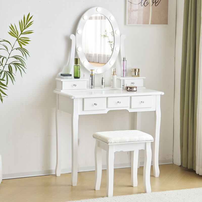 Dressing Table with LED Mirror, Power Outlet, Drawers & Cushioned Stool