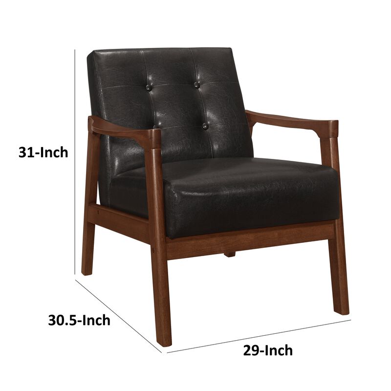 Aly 31 Inch Accent Chair Armchair, Dark Brown Faux Leather, Solid Wood - Benzara