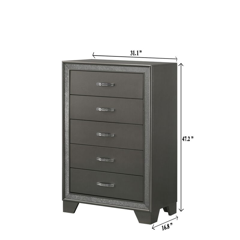 Zuka 47 Inch Tall 5 Drawer Dresser Chest, Faux Diamond Trim, Modern Gray-Benzara