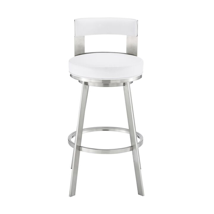 Ami 26 Inch Swivel Counter Stool Chair, White Faux Leather, Stainless Steel - Benzara