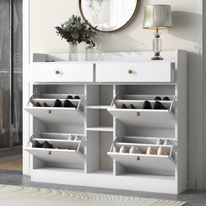 2-Tier Shoe Cabinet with 4 Flip Drawers, White