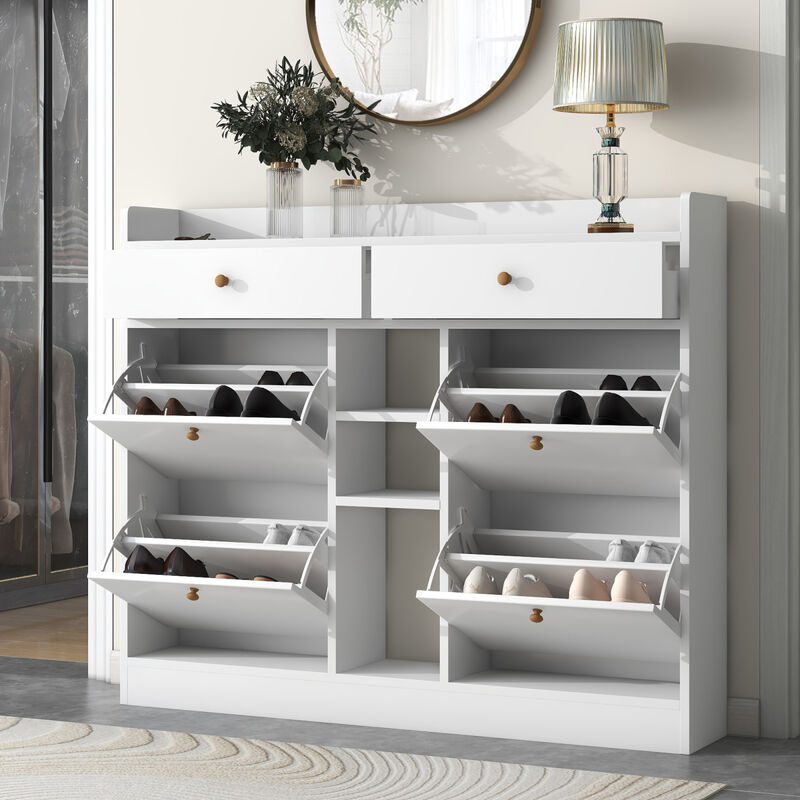 2-Tier Shoe Cabinet with 4 Flip Drawers, White