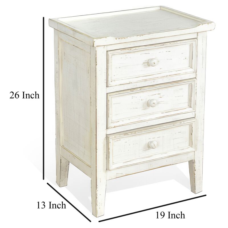 Rena Side End Table with 3 Drawers, 19 Inch Rustic White Mahogany Wood - Benzara