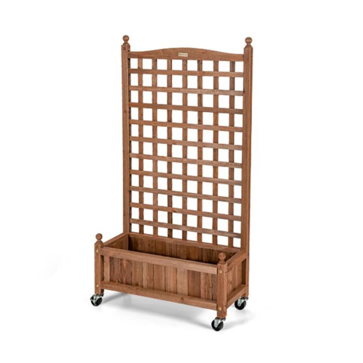 Hivvago 50 Inch Wood Planter Box with Trellis Mobile Raised Bed for Climbing Plant